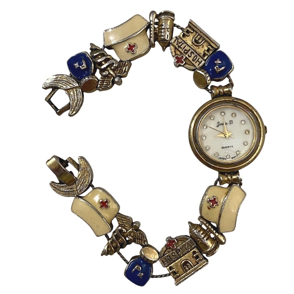 Vtg Y2K Jennie B Watch Women Gold Tone Enamel Charm Bracelet Hospital Nurse 7.5"